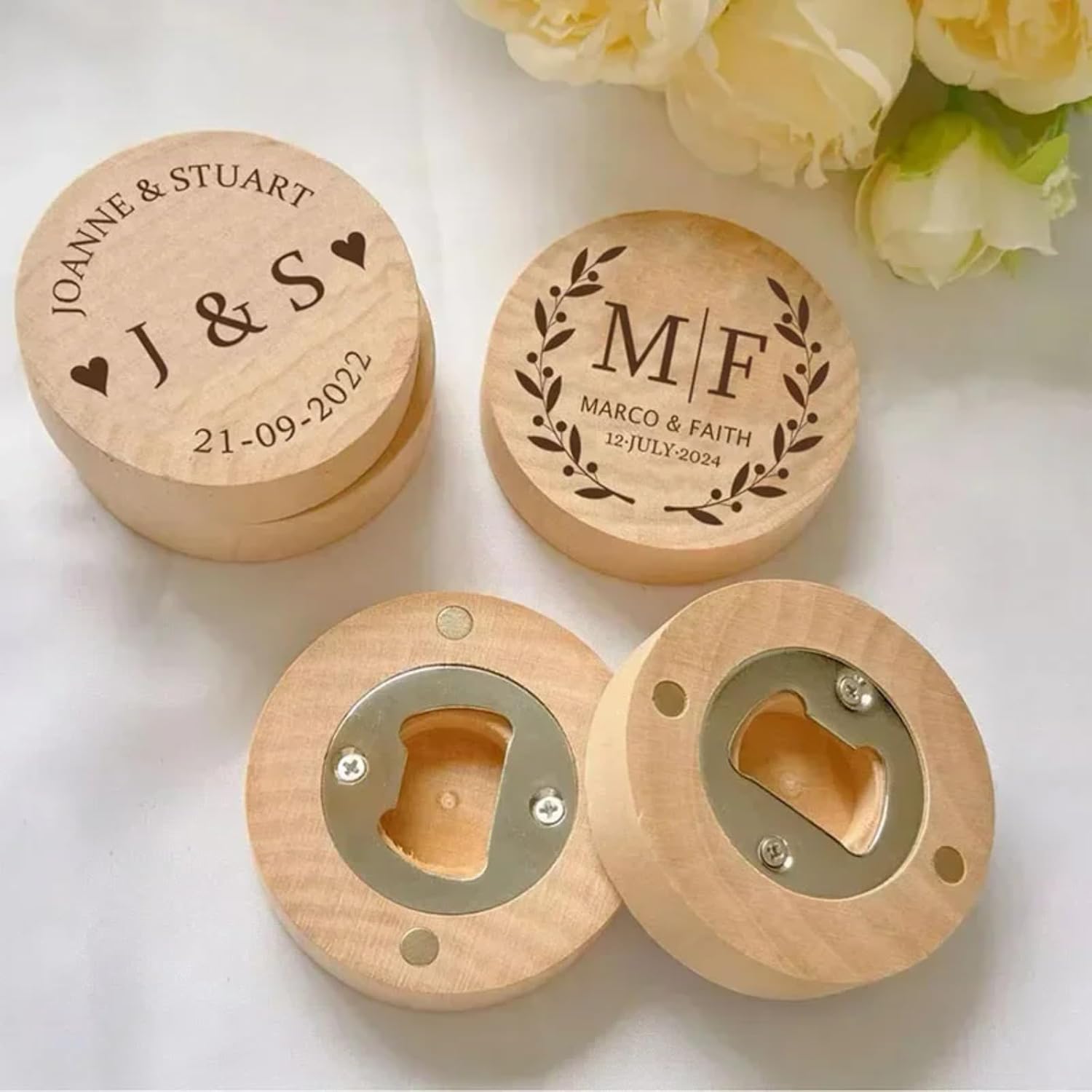 Personalized Wedding Favors,Custom Wooden Wedding Fridge Magnet Magnetic Beer Bottle Opener Wedding Guest Souvenir Gift for Birthdays,Baby Shower,Anniversaries (60pcs)