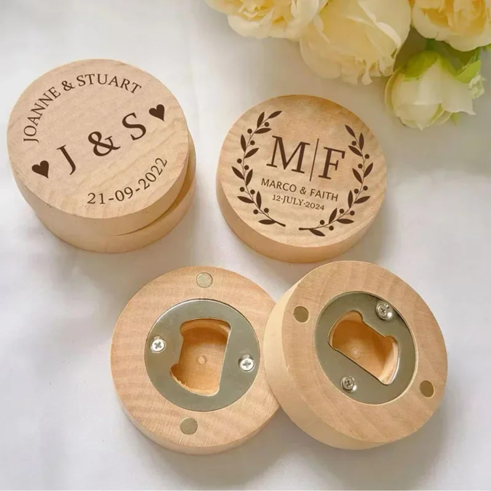 Recuerdos de boda personalizados, imán magnético de madera para nevera, abridor de botellas de cerveza, regalo de recuerdo para cumpleaños, baby shower, aniversarios (40 unidades)
