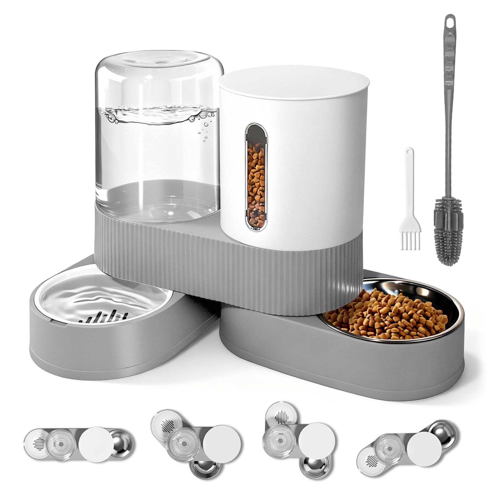 Automatic Gravity Cat Dog Feeder and Water Dispenser with 304 Stainless Steel Bowls 2 in 1 360 Degree Rotatable Auto 2.4L Dry Food and 2.6L Water Bowl for Small Medium Pet Dog Puppy Kitten (Gray)