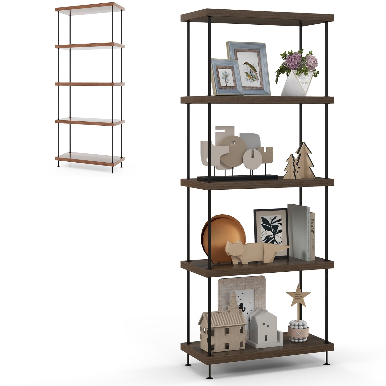 HOMASIS Libreria Vintage, Libreria Verticale in Metallo e Legno, Scaffale Espositore in Marrone, Scaffale a Scala per Salotto, Camera da Letto, Ufficio (60 x 29,5 x 147 cm)