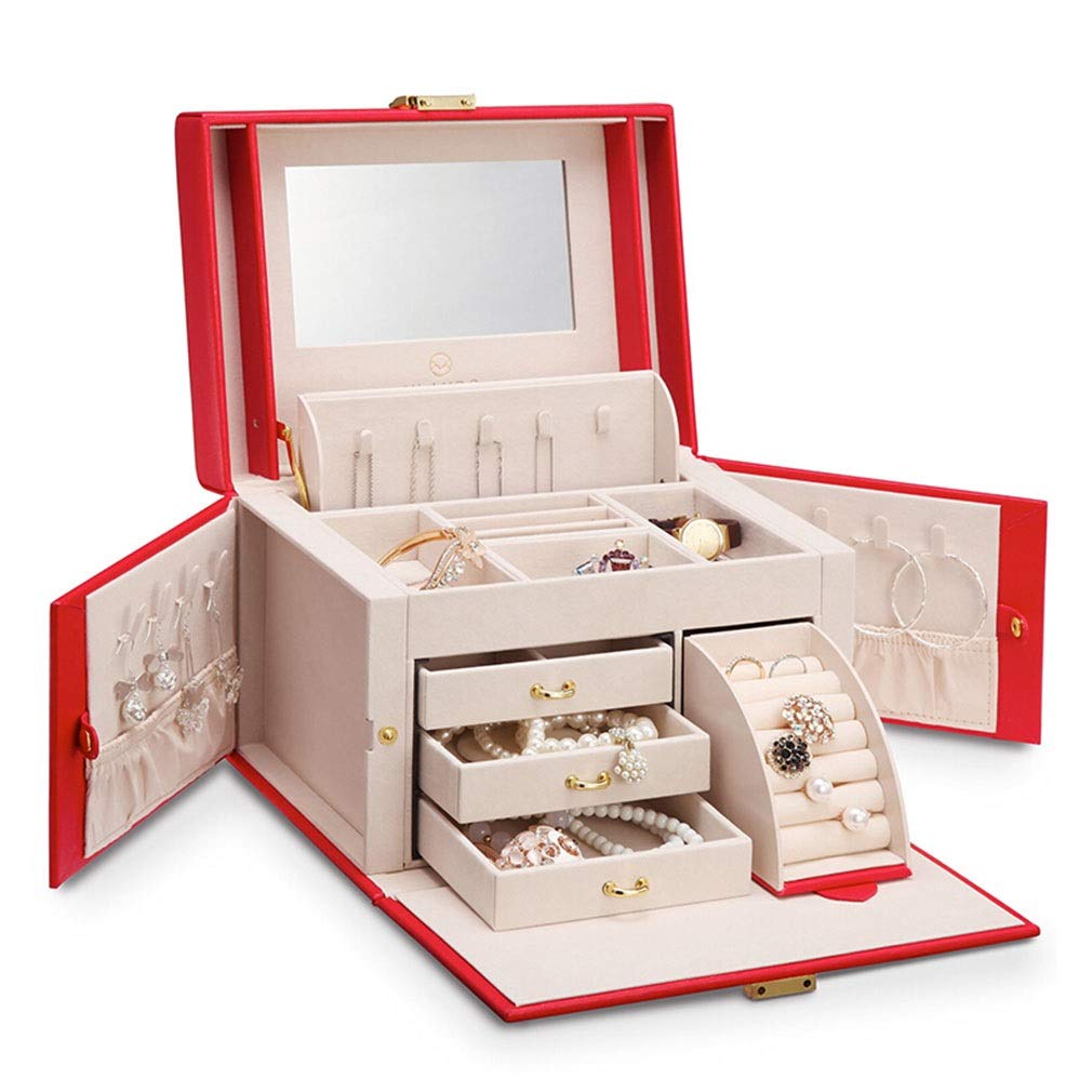 Makeup Organizer Leather Storage Boxes Square Shape Jewelry Box Tray Makeup Storage Bin Earrings Ring Organizer (Color : Red)