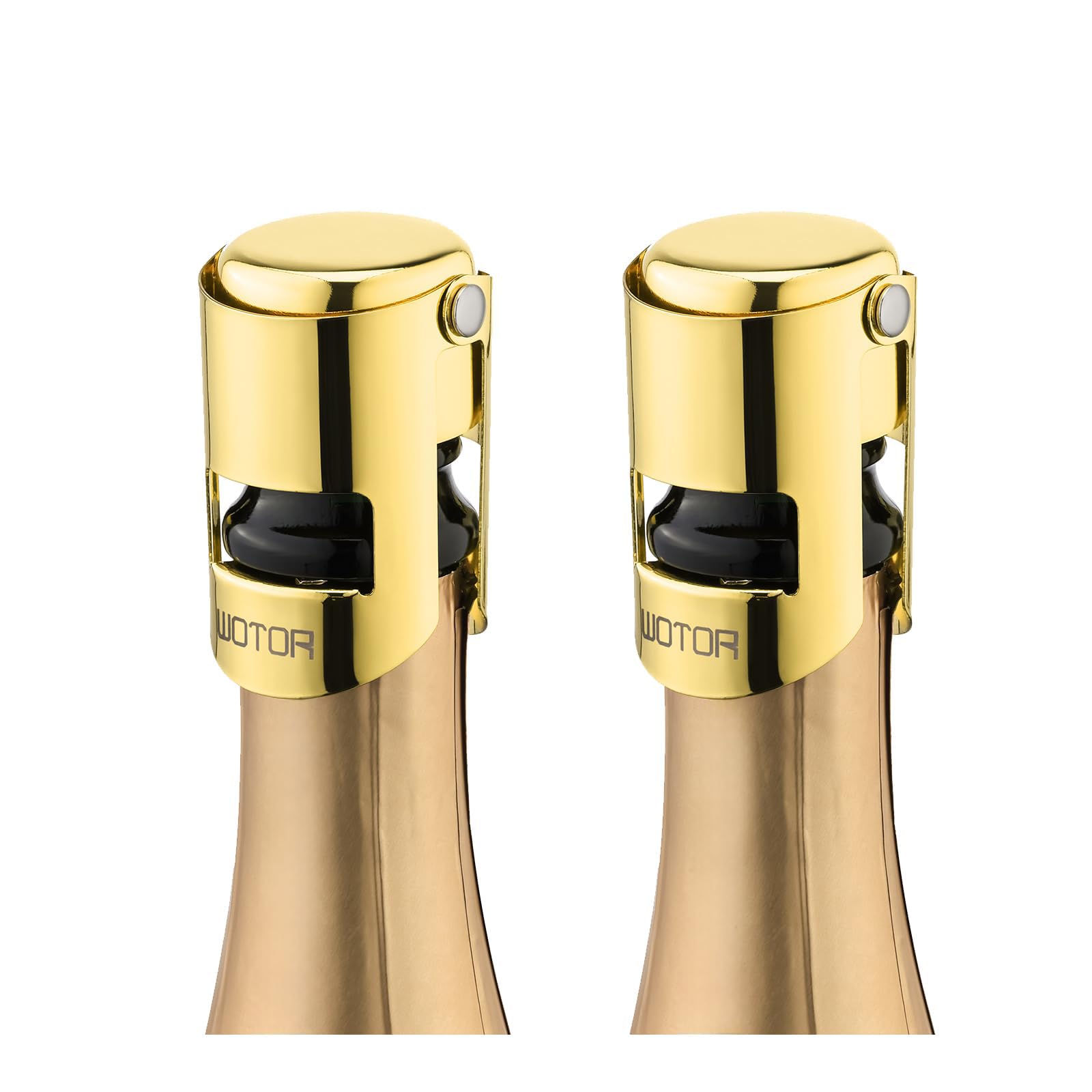 WOTOR Champagne Stoppers Stainless Steel, Prosecco Bottle Stopper with Food Grade Silicone, Reusable Champagne Cork & Saver, Leak proof Keep Fresh (Gold, 2 Pack)