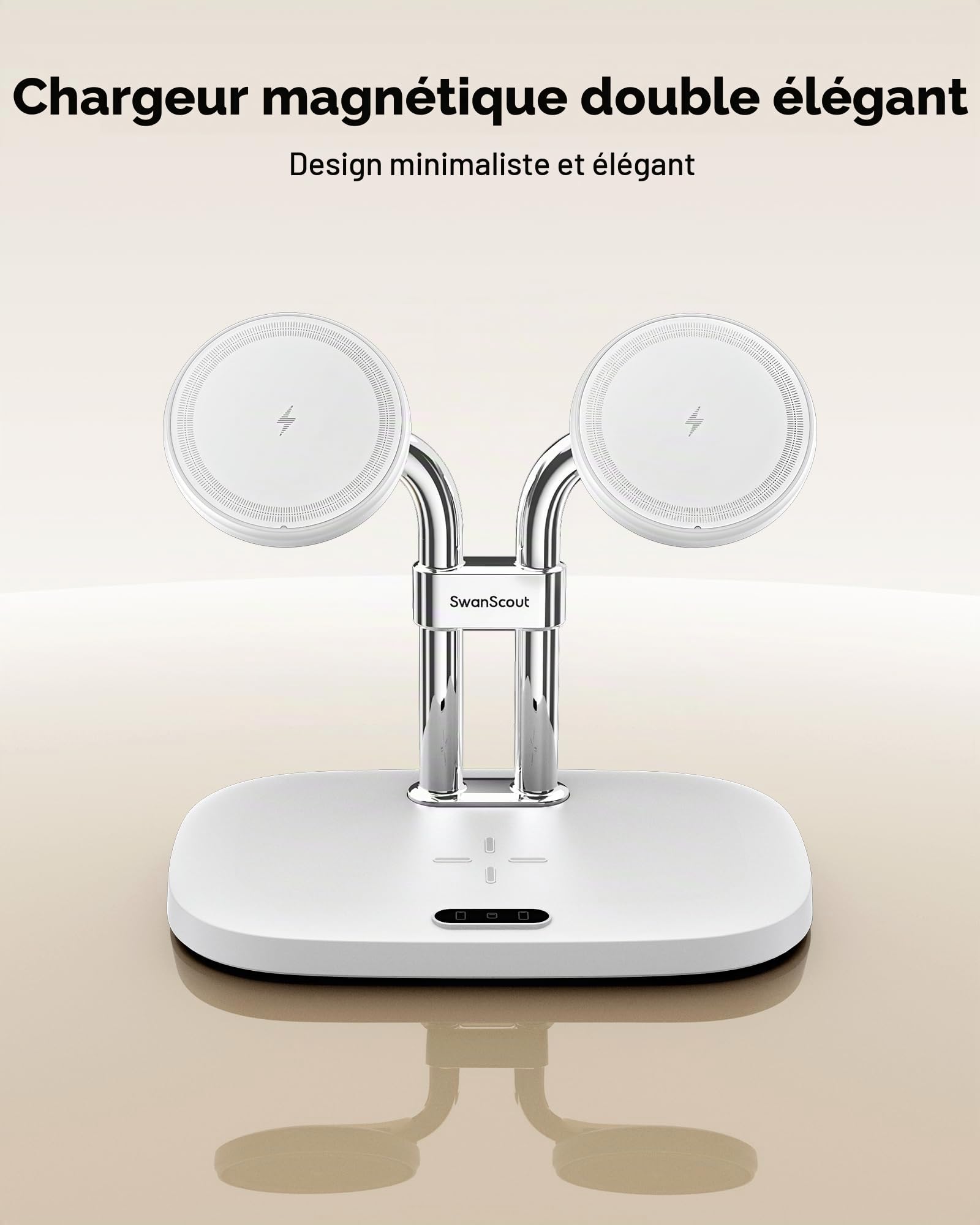 SwanScout Double Chargeur Induction pour iPhone 17/17e/Air, SwanScout 706M, Magnétique Chargeur Sans Fil pour iPhone 16/15/14/13 séries, Station de Charge pour AirPods Pro 3/2, Chargeur Double (White)