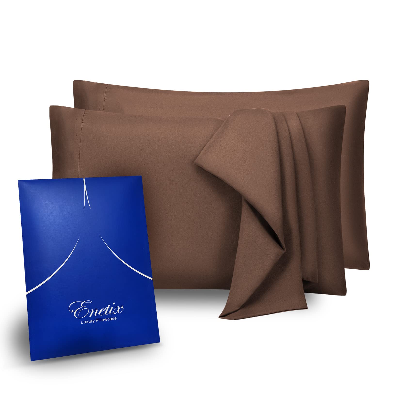 ENETIX 2 Pack 1800 Brushed Microfiber Pillowcase with Gift Package, Acne Free Envelope Design Pillow Cover for Hair and Skin (Coffee)