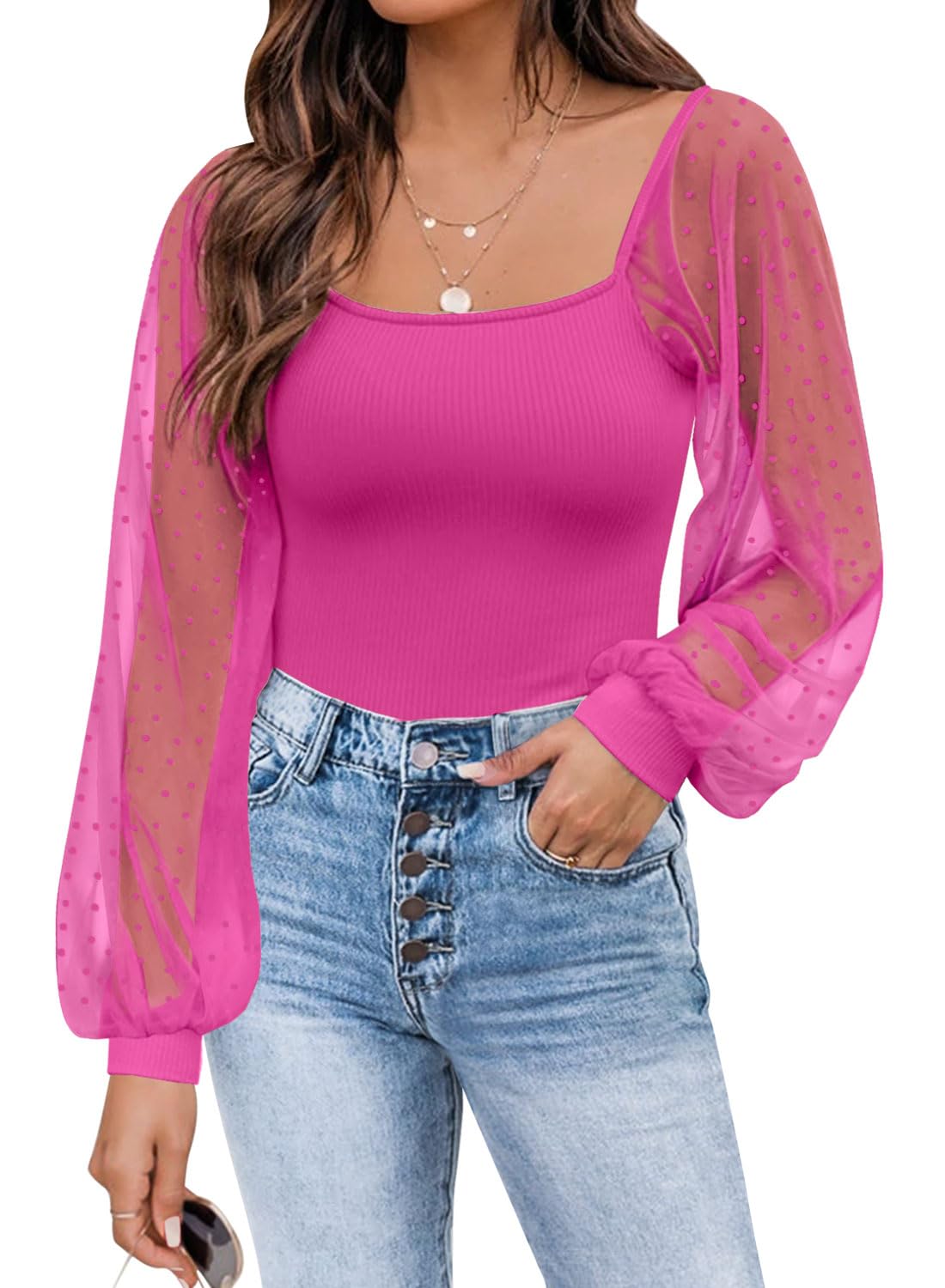 DOROSE Womens Mesh Long Sleeve Shirts Casual Blouses Tops