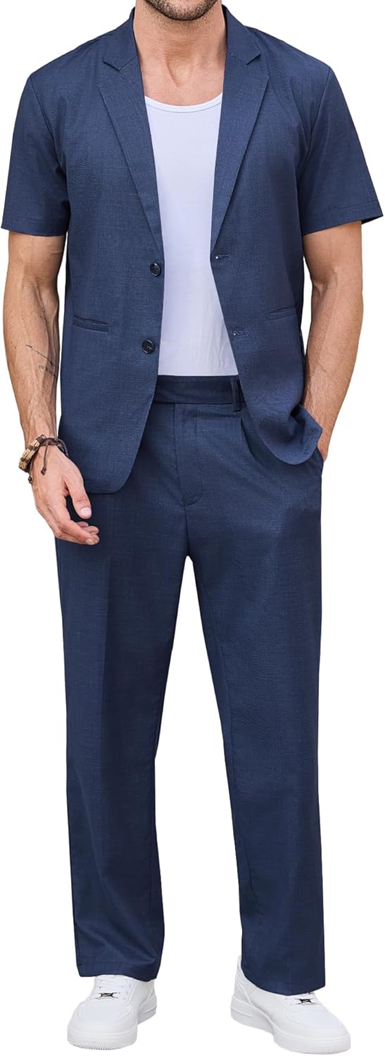 Men's Suits 2 Piece Set Casual Regular Fit Short-Sleeve Suit and Pants Set for Summer Business Prom Wedding Party