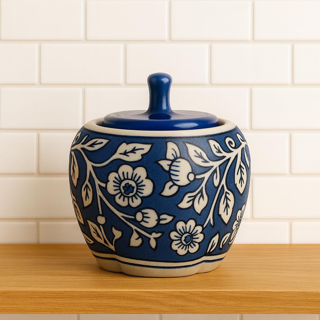 Capsicum Shaped Blue Pottery Jar | 5 inch Height, 4.5 inch Width | Handcrafted Ceramic Storage Jar with Lid | Kitchen Storage, Home Décor, Gift Item-image-36
