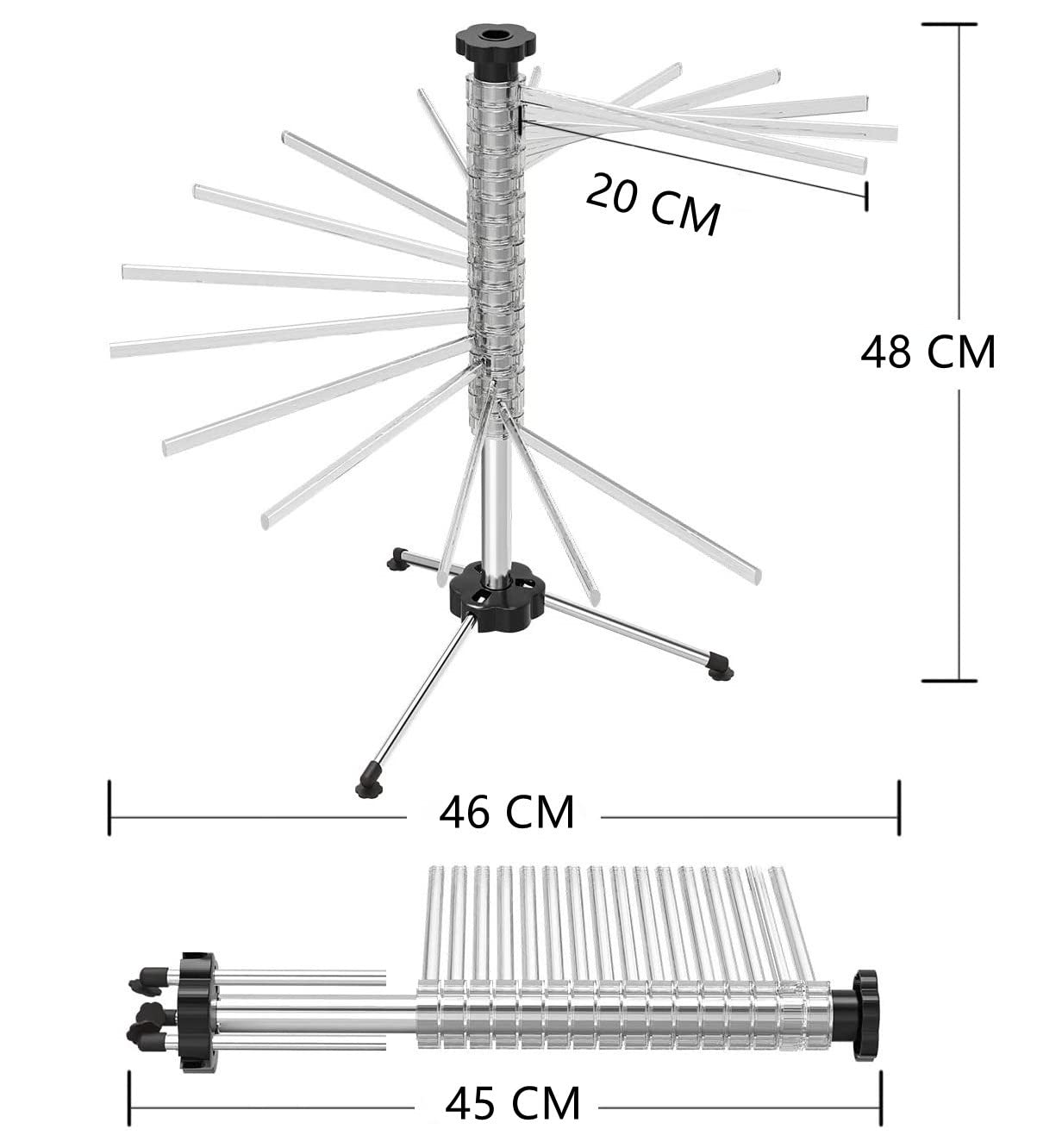 Tebery Secador de fideos para hasta 2,5 kg de pasta, 16 peldaños extensibles, barra de transporte integrada, plegable, secador de espaguetis