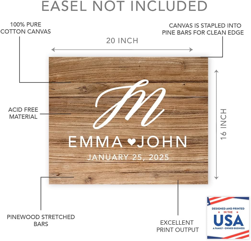 Andaz Press Custom Large Canvas Wedding Guest Book Alternative, 16 x 20 Inches, Rustic Wood Script Monogram Horizontal Personalized Sign Our Canvas Guest Book Signs For Wedding Rustic Woodland Theme