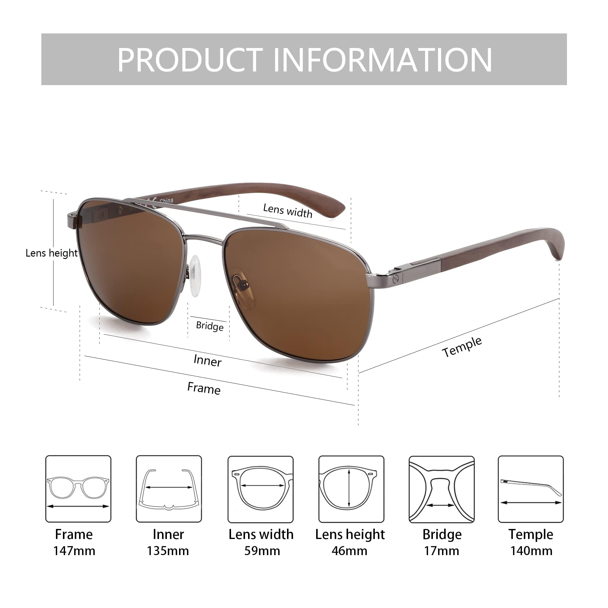 ZENOTTIC Sonnenbrille Herren Damen Polarisiert Pilotenbrille Retro Holz Und Metall Material UV 400-Schutz