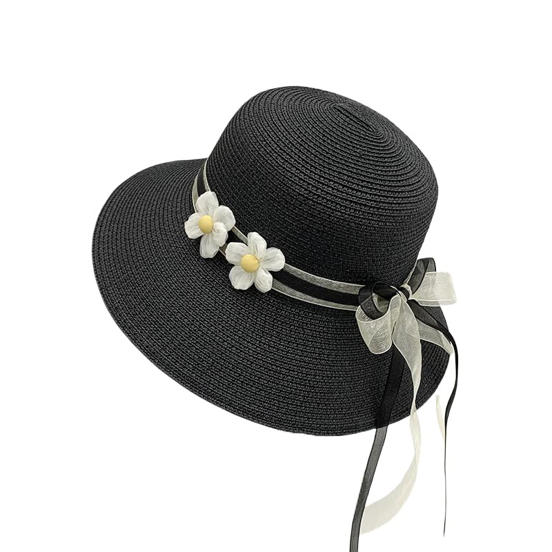Sombrero de Paja de Verano para Mujer,Sombrero de Paja Tejido de ala Ancha con Protección UV y Lazo Floral de Encaje,Sombrero de Playa Transpirable para Exteriores,Viajes y Fiestas
