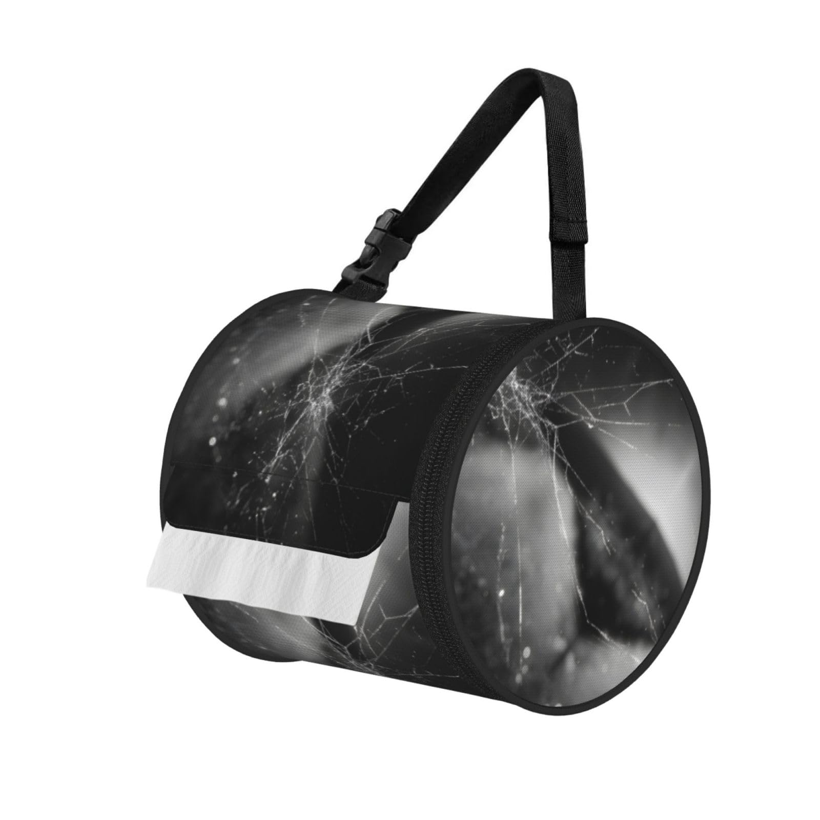 Cobweb Printed Cylindrical Tissue Bag Portable Oxford Cloth, Foldable Travel Tissue Holder With Zipper And Adjustable Belt