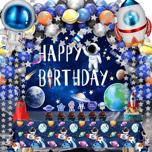 96pcs Outer Space Astronaut Party Decorations - Galaxy Themed Party Supplies ：Happy Birthday Backdrop, Tablecloth, Star Garland,Multi-color Balloons and Rocket ，astronaut Balloons.