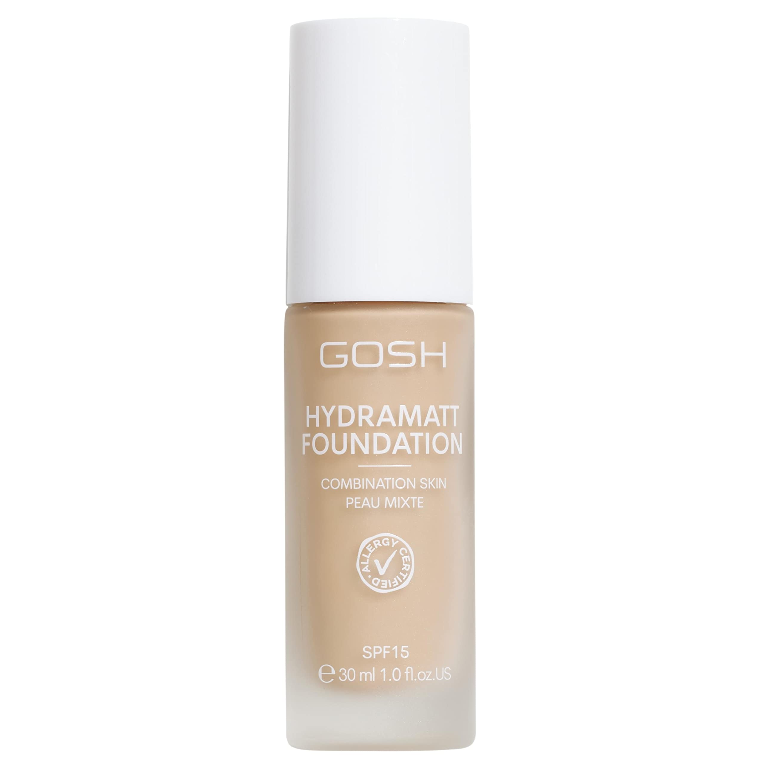 GOSH Foundation with SPF 15 for Light and Dark Skin, Vegan, Matte Makeup for Dry, Sensitive and Oily Skin, Smudge- and Sweat-Proof, Oil-Free, Adjustable Coverage, No Mask Effect, 004N