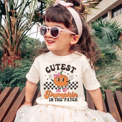 Girls Halloween Shirt - Cutest Pumpkin In The Patch Outfit - Retro Girly Pumpkin with Pink Coquette Bow - Natural Girls Toddler, Youth Clothing2