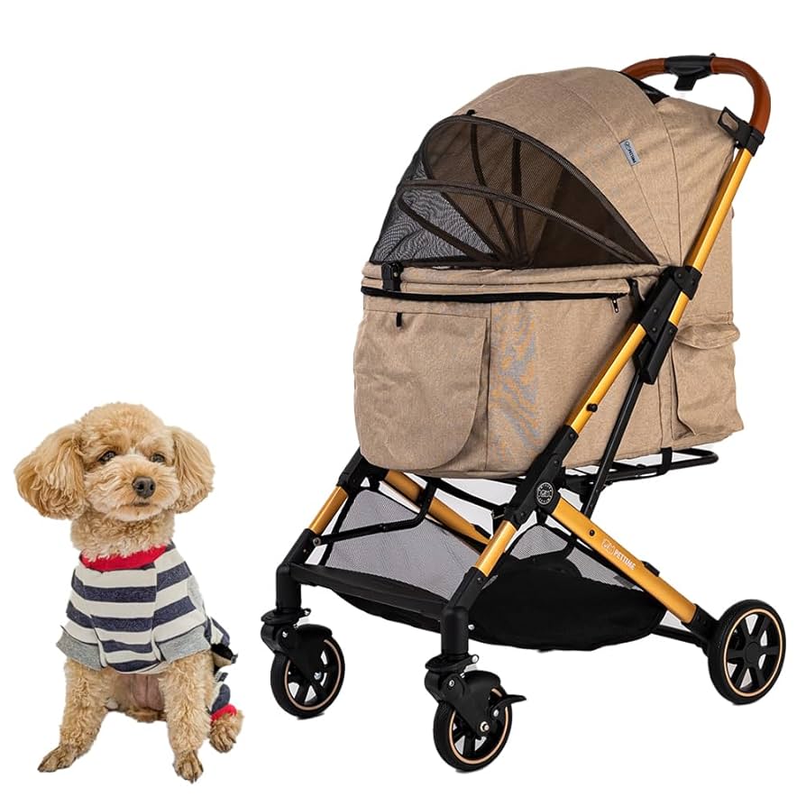 ★ベージュ ペットカート 折りたたみ式 ★ カップホルダー付　多頭飼い＆中型犬用 ☆ベージュ ペットカート 折りたたみ式 ☆ カップホルダー付