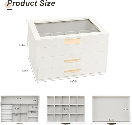 Miniatura 5 de V-LAFUY Joyero con tapa de vidrio, caja organizadora de joyas de 3 capas y 2 cajones, vitrina de joyería, organizador de joyas, cajas de joyería