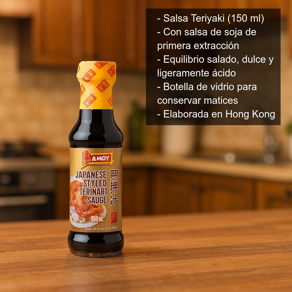 Salsa Teriyaki Japonesa 150 ml en botella de vidrio, soja de primera extracción para marinar y glasear pollo, salmón, tofu, wok y noodles