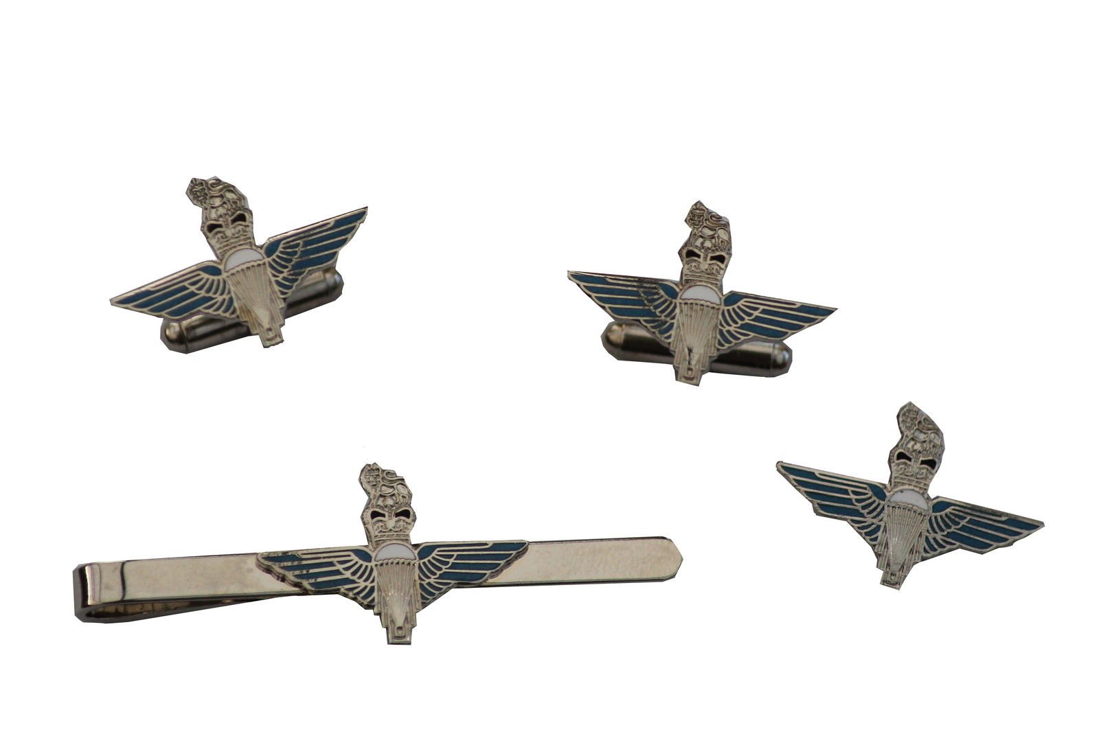 Military Silver Parachute Regiment Cufflinks, Lapel Badge & Tie Clip Gift Set