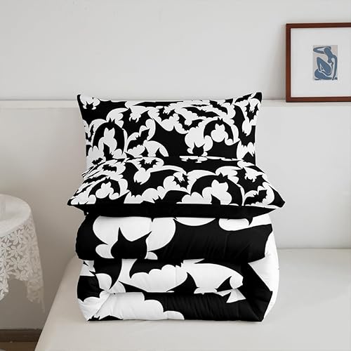 Miniatura 92 de Castle Fairy Juego de edredón de Halloween tamaño individual, juego de ropa de cama con estampado de animales de murciélagos negros para niños