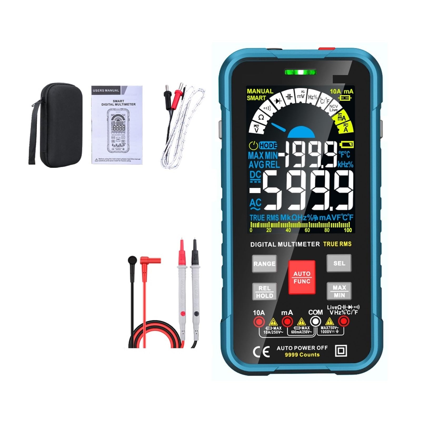 Inteligentny Multimetr Auto Zakres 1000V 10A Cyfrowy Tester Pojemności True REL Ohm AC Miernik Napięcia DC Multimetro Szybko Dokładnie Łatwy Odczyt(BLUE)