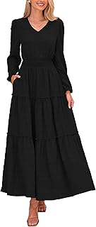 Women's Maxi Dress Casual Long Sleeve V Neck Smocked Waist Tiered Ruffle Flowy Cocktail Pocket Dresses - Buy now