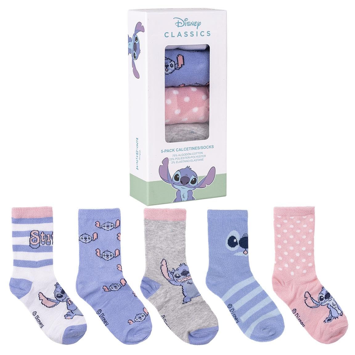 Stitch Socks Pack - Blue, Pink and White - 5 Pairs - UK Size 2.5 to 5 - Long Socks Made of Cotton, Polyester and Elastane - Original Product Designed in Spain