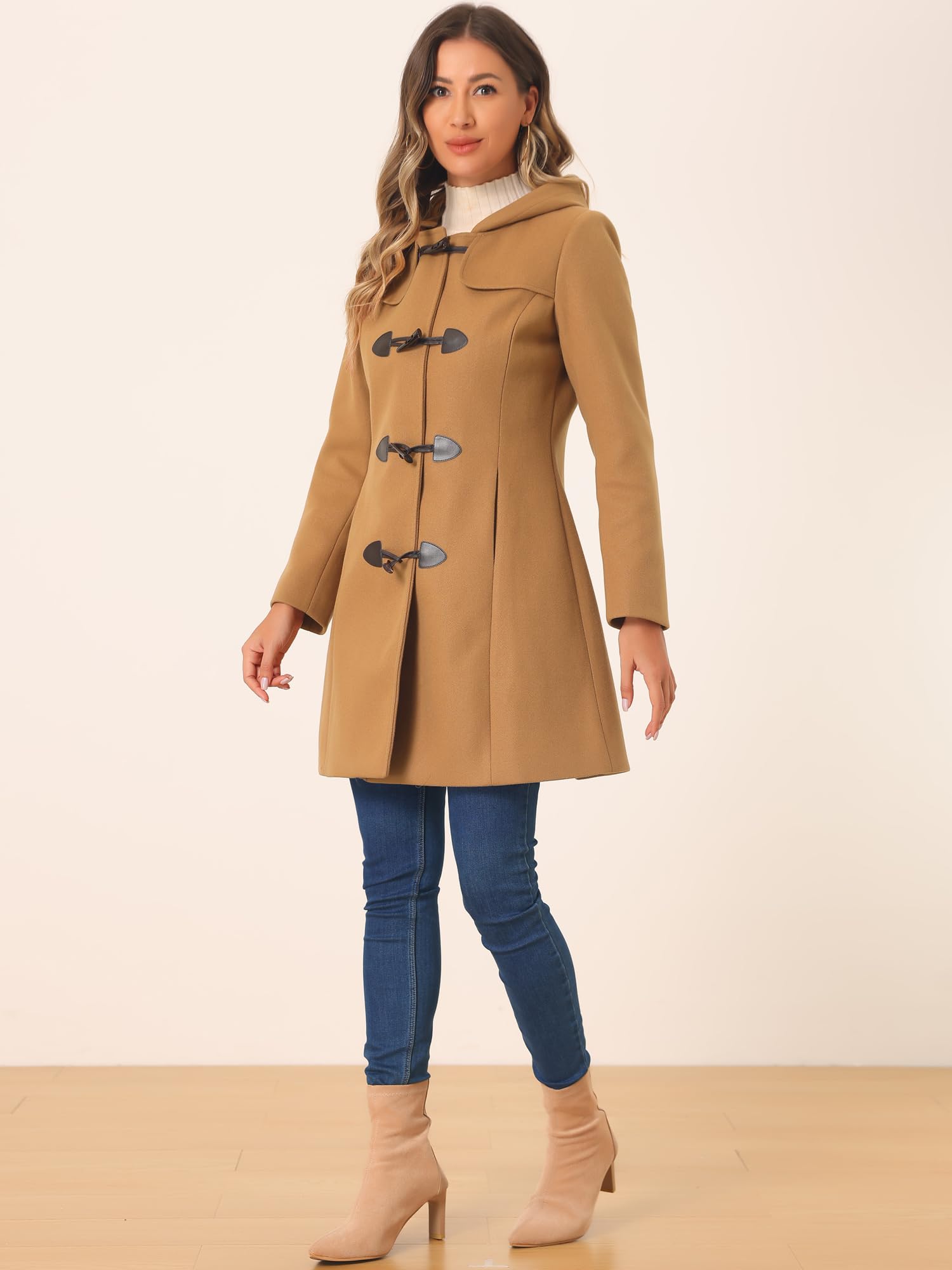 Allegra K Damen Wintermantel Dufflecoat Knebelknöpfen Kapuze Mantel | Lässiger Mantel mit Zwei Vordertaschen Geeignet für Büro Straße und Party Vielseitig für den Alltag