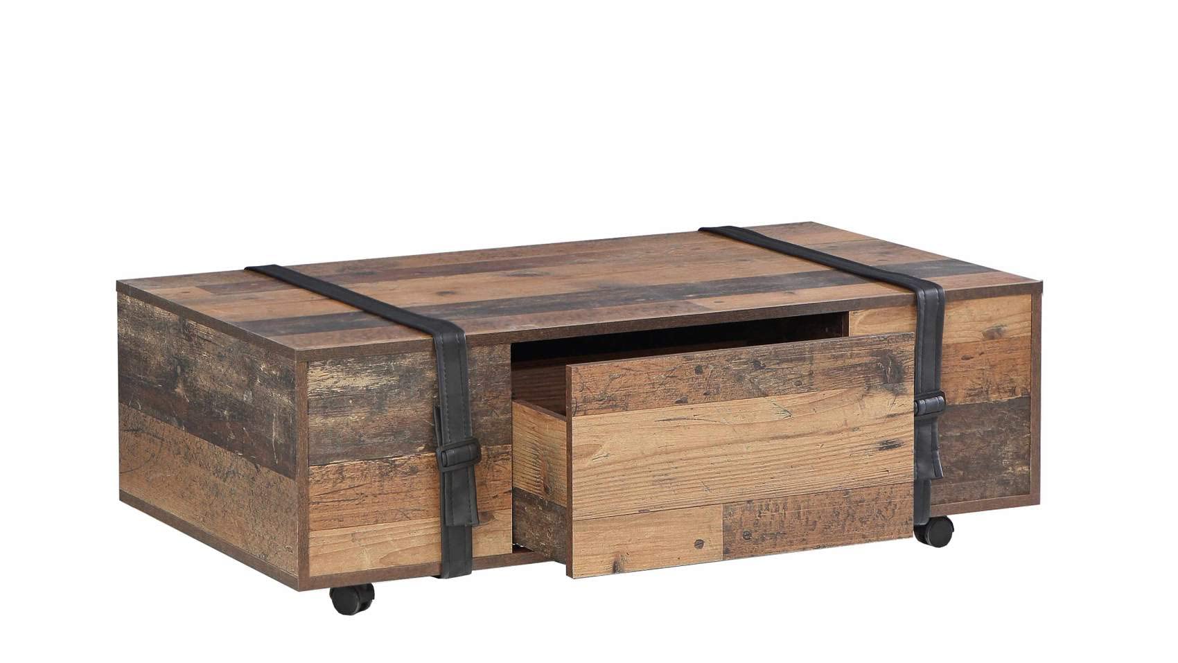 Forte FOBYA Couchtisch 110, Tisch auf Rollen mit 1 Schublade, Wohnzimmertisch, Sofatisch rustikal, Beistelltisch, Holzwerkstoff, Old-Wood Vintage Holzdekor, 110 cm breit x 35,6 cm hoch x 60,2 cm tief