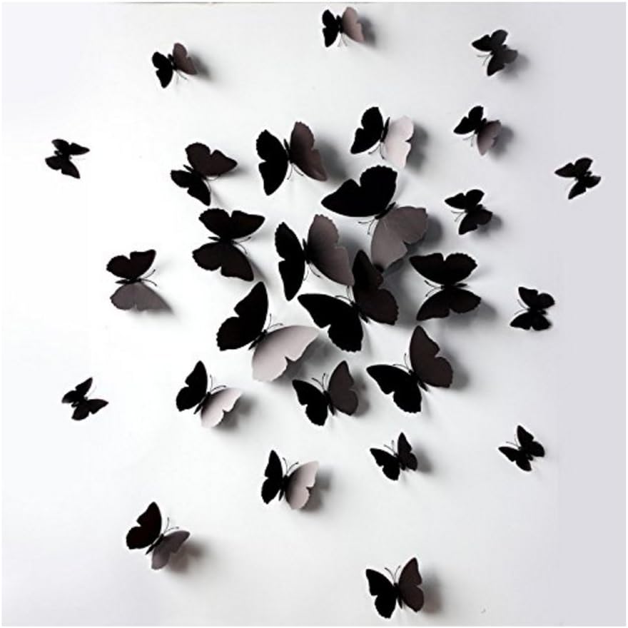 JASSINS 3D Black Butterfly Removable Mural Wall Stickers Wall Decal for Home Decor(Black)