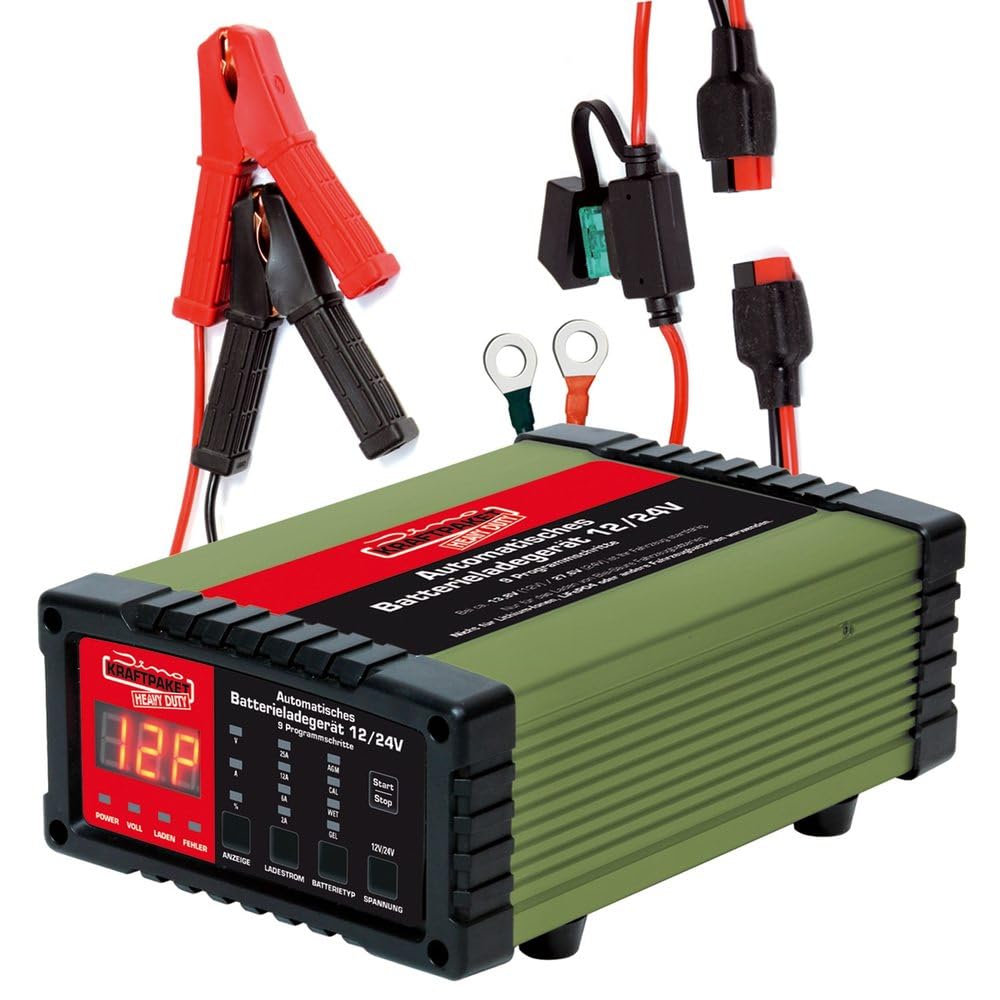 Dino KRAFTPAKET 25 a/12 a/6 a/2 a-12 V/24 V regulowana inteligentna i automatyczna ładowarka do akumulatorów | ładowarka samochodowa do akumulatorów ołowiowo-kwasowych, żelowych, EFB, Cal, AGM |
