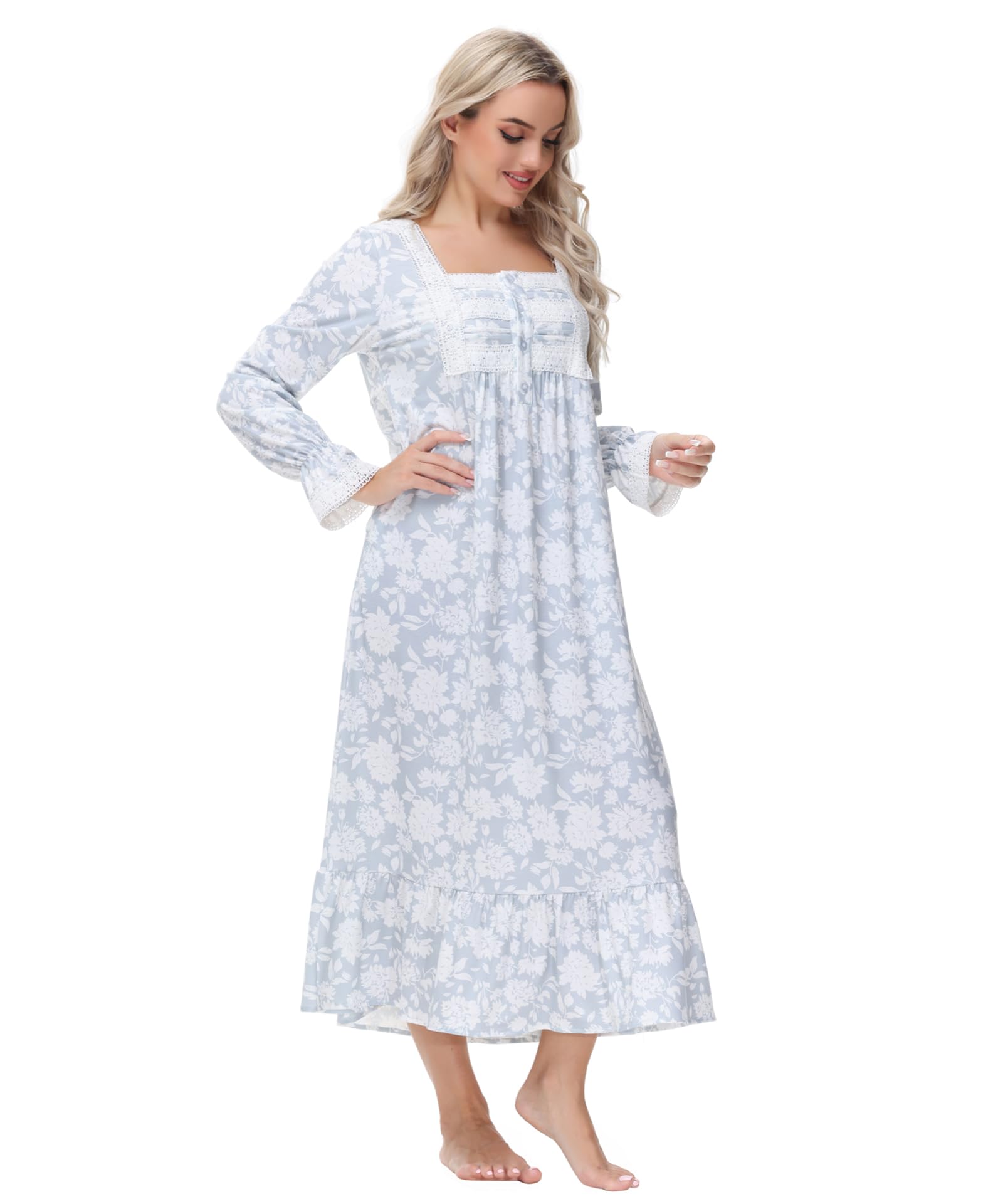 Camisones de Mujer de algodón Suave, cálido, cómodo, Manga Larga/Corta, camisón para Mujer, Ropa de Dormir de Encaje con Volantes