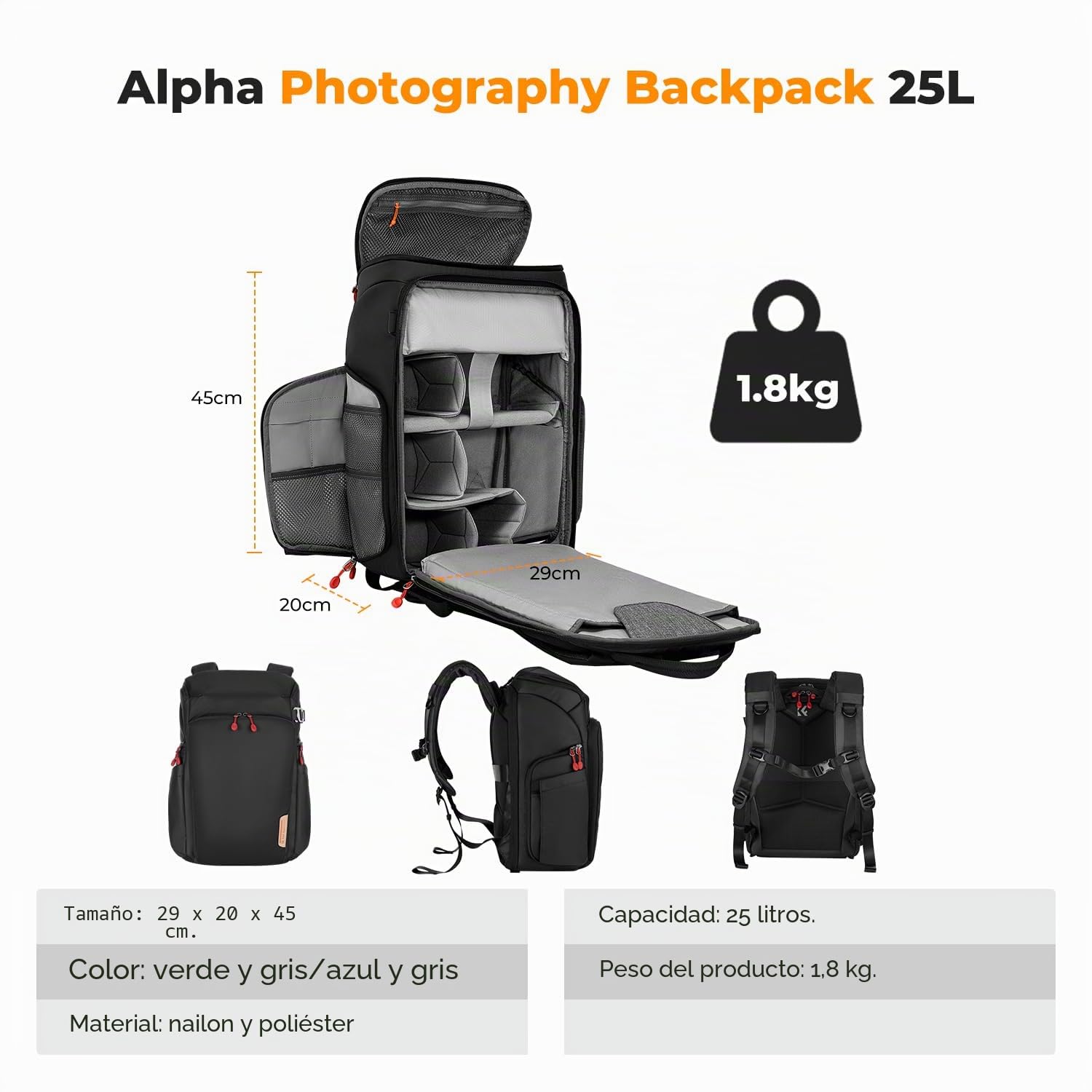K&F CONCEPT Mochila Cámara Profesional, Bolsa Fotógrafos Cámara Impermeable de Gran Capacidad para Camera Reflex Digital DSLR, Adecuado para viajes al aire libre senderismo fotografía Negro intenso