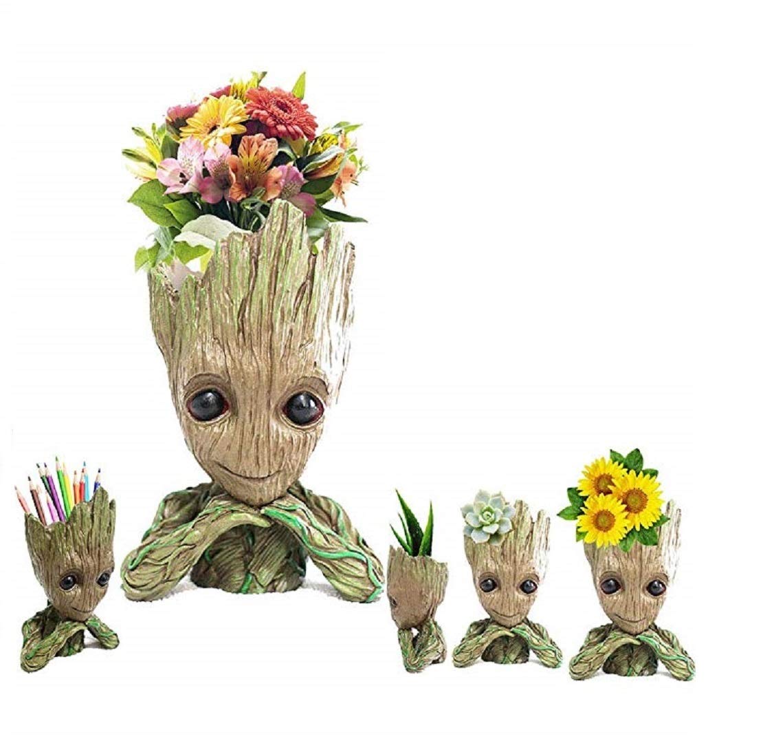 WISE MODEL Baby Groot Planter Treeman Action Figures Guardians of The Galaxy Flower Pot,Creative Star-Lord Pen Holder Desk Organizer Accessories,Best Cute Pencil Pot Gift. (Hands On Chin)