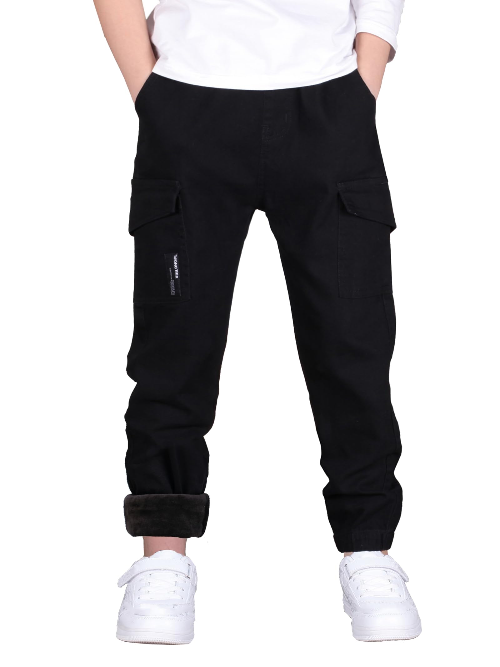 CAMLAKEE Pantalones para Niños - Pantalón Cargo Slim Fit de Algodón - Pantalones Joggers con Cintura Elastica, Vellón Negro, 12-13 años/Talla 160