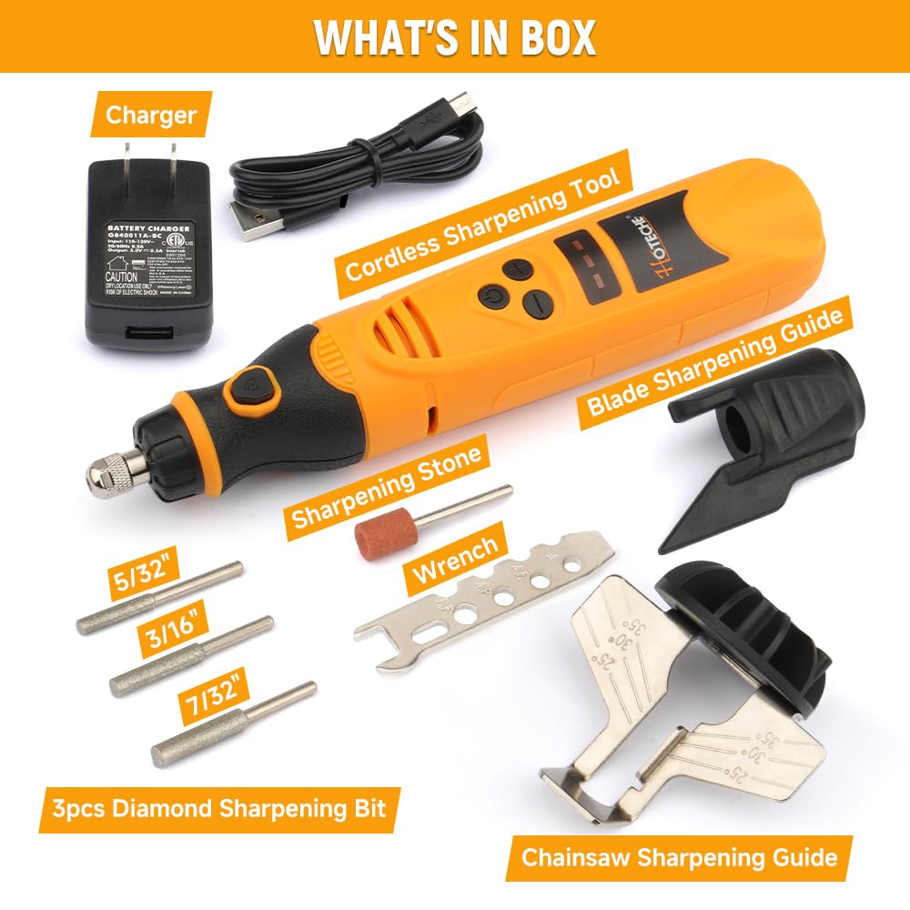 Hoteche Kit de afilador de motosierra eléctrico inalámbrico, herramienta de afilado de cuchillas de cadena de mano con 3 brocas de diamante