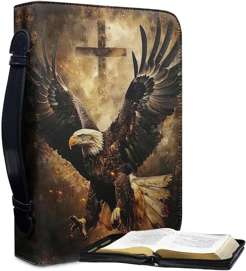 Bible Case with Handle and Zipper, Premium PU Leather Waterproof Bible Cover 11.2 x 8 x 2.2 Inches, Book Case for Standard Size Bibles with Pen Storage, Bible Accessories Gifts (Eagle)