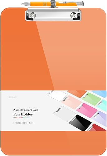 Sooez Portapapeles de plástico con soporte para bolígrafo, 10% más grueso Tableros de clip de 8.5 x 11 pulgadas con clip de perfil bajo,