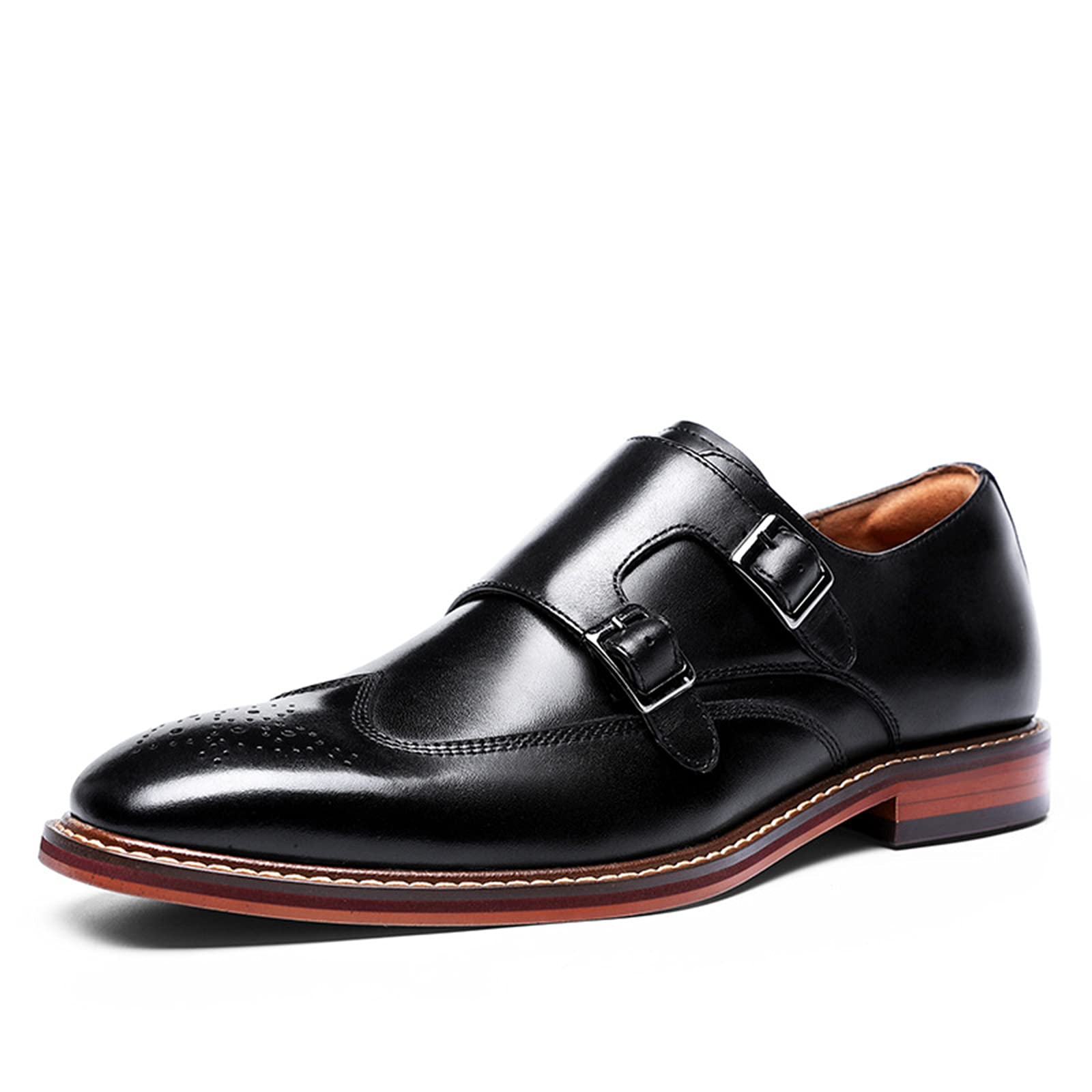 Zapatos Formales para Hombre, Zapatos Monje con Doble Hebilla, Cuero, Correa clásica, Deslizamiento en la Punta del ala, Brogue, Vestido Informal de Boda, Mocasines Black- US8.5-9/UK7.5-8/EU41
