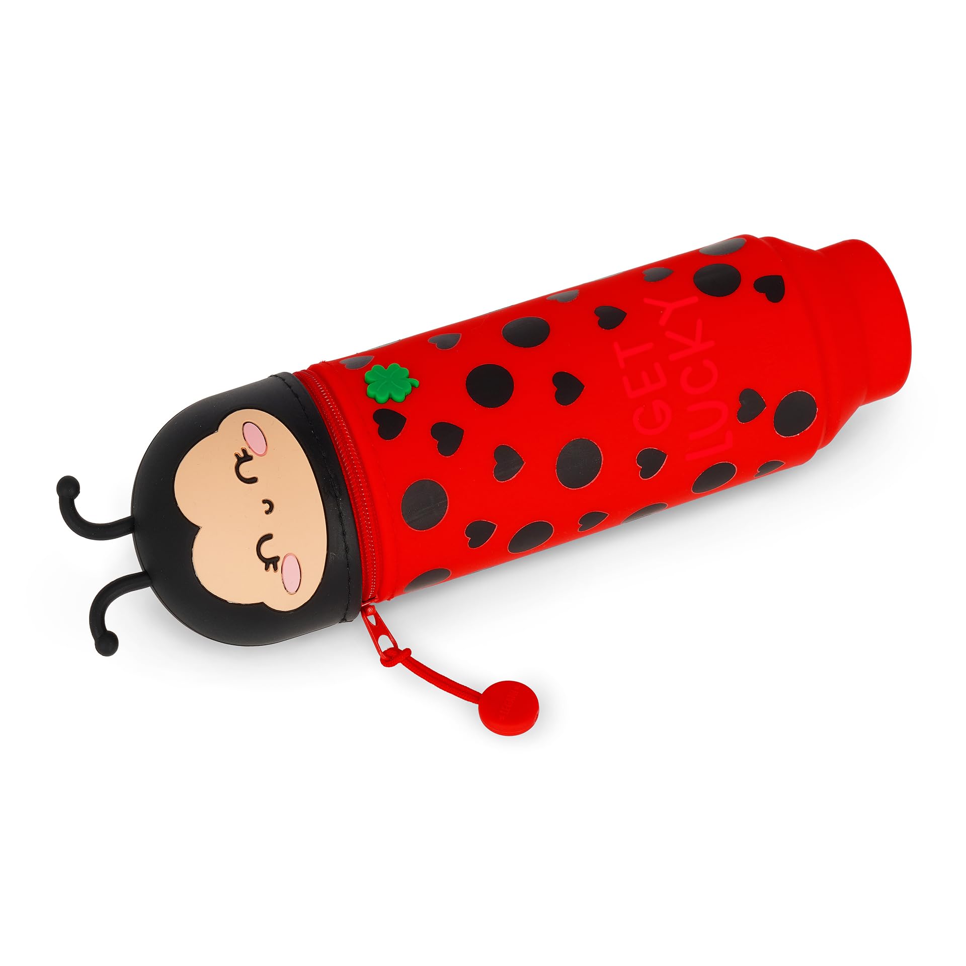 Legami - Kawaii piórnik szkolny 2 w 1 z miękkiego silikonu, uchwyt na długopis stołowy, zamknięcie na zamek błyskawiczny, długopisy kredki, Czerwony, Diametro 6,3 cm, Altezza Max 21,7 cm, ladybug
