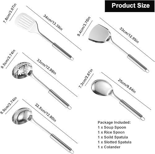 Miniatura 4 de Juego de utensilios de acero inoxidable de 5 piezas, 5 piezas de mango largo de metal, utensilios de cocina resistentes al calor, cuchara ranurada,