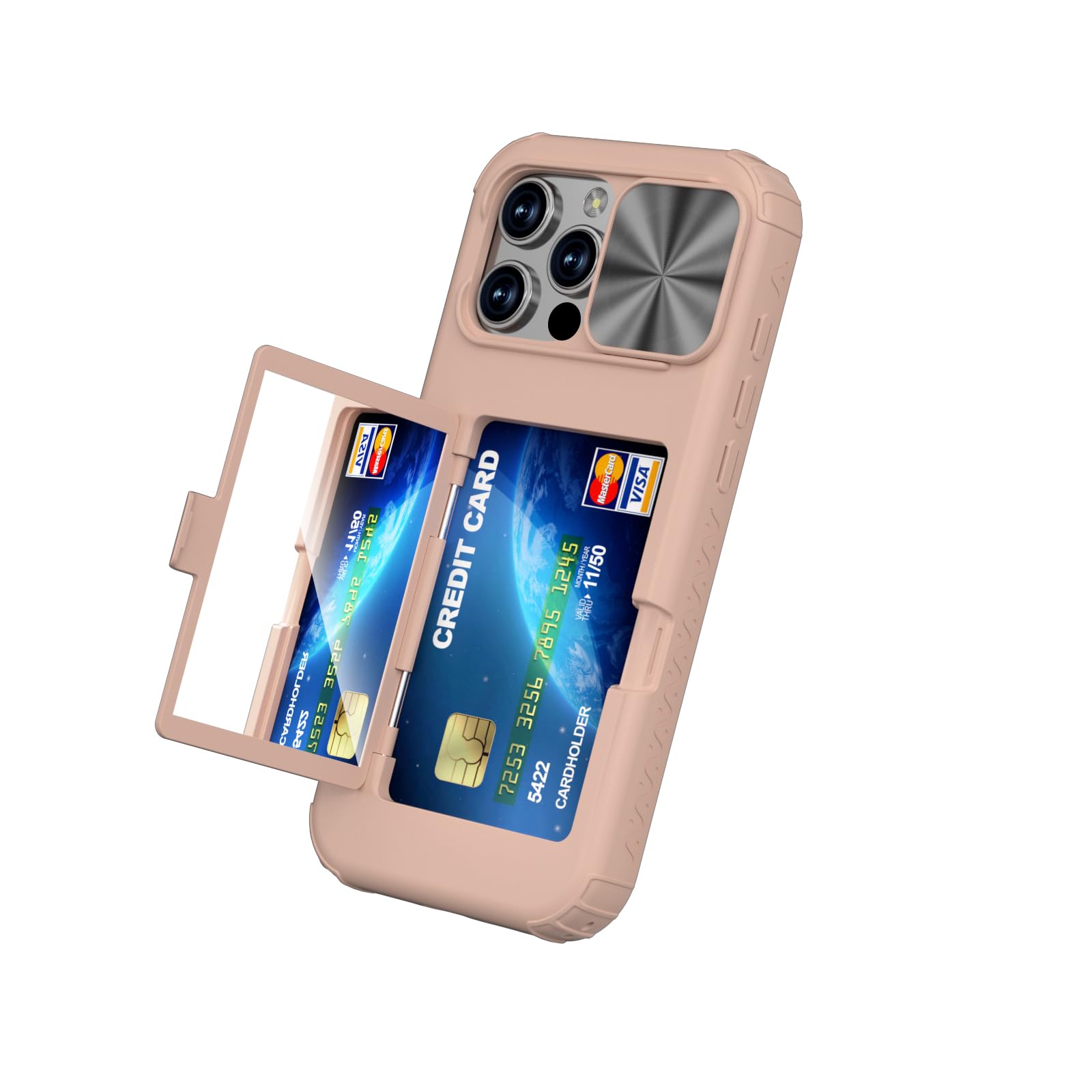 for iPhone 16 Wallet Case, Three Layer Shockproof Heavy Duty Case with Card Holder and Hidden Back Mirror & Kickstand for iPhone 16 Rose Gold