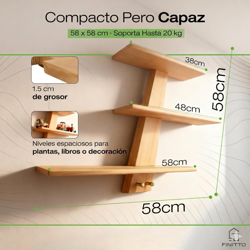 Luce Estantería Pared Madera Pino Maciza (58x58cm) | Incluye Nivel | Balda Flotante Modular con Ganchos Latón para Recibidor y Baño | Estructura Robusta para Libros y Decoración