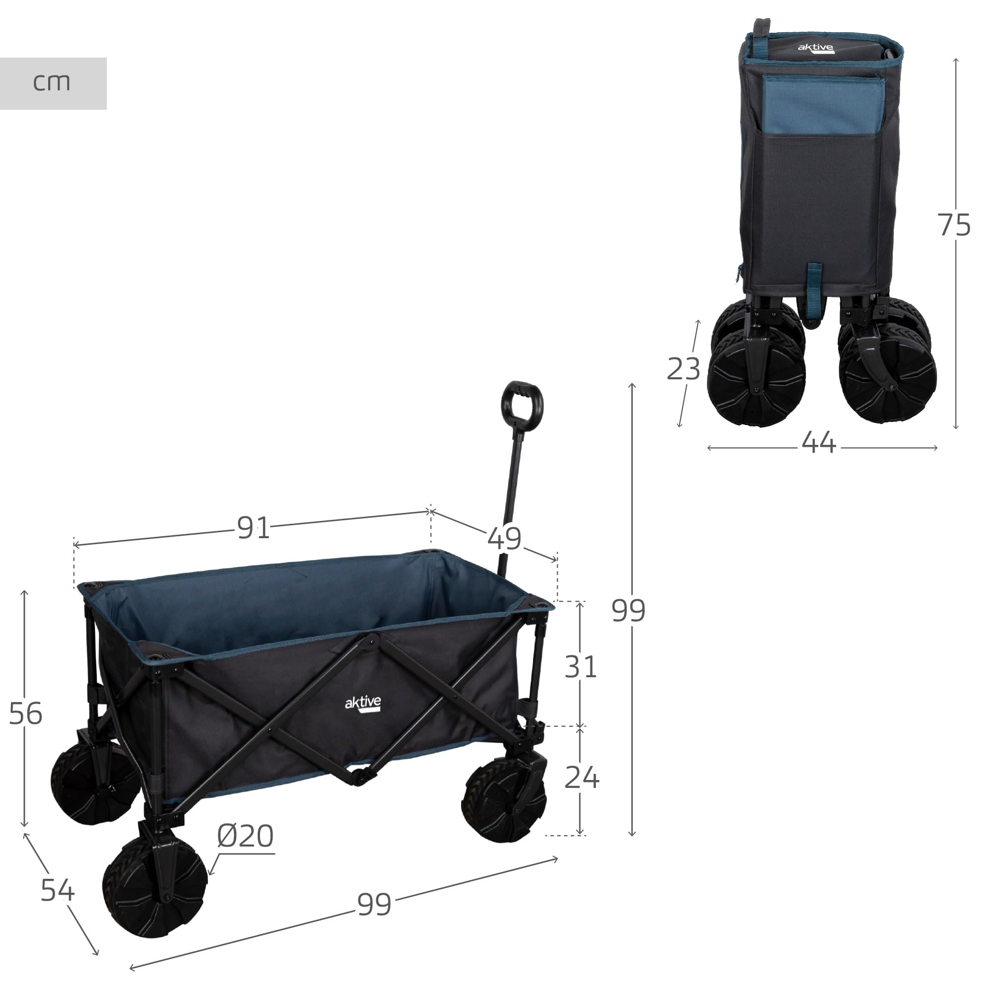 Carrello pieghevole a mano, pieghevole, per giardino, spiaggia e campeggio, con ruote in gomma, manico regolabile e 2 portabevande – portata fino a 80