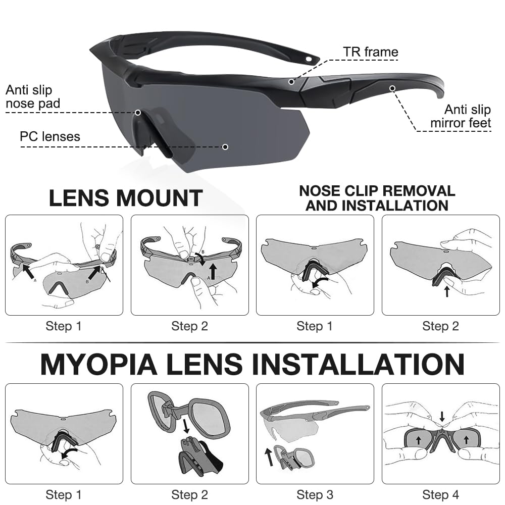 Occhiali da Sole da Uomo Polarizzati, Occhiali Running Uomo con 3 Lenti Intercambiabili, Anti-UV400 Occhiali da Sole Polarizzati, Occhiali Tattici Militari per Caccia, Ciclismo, Escursionismo