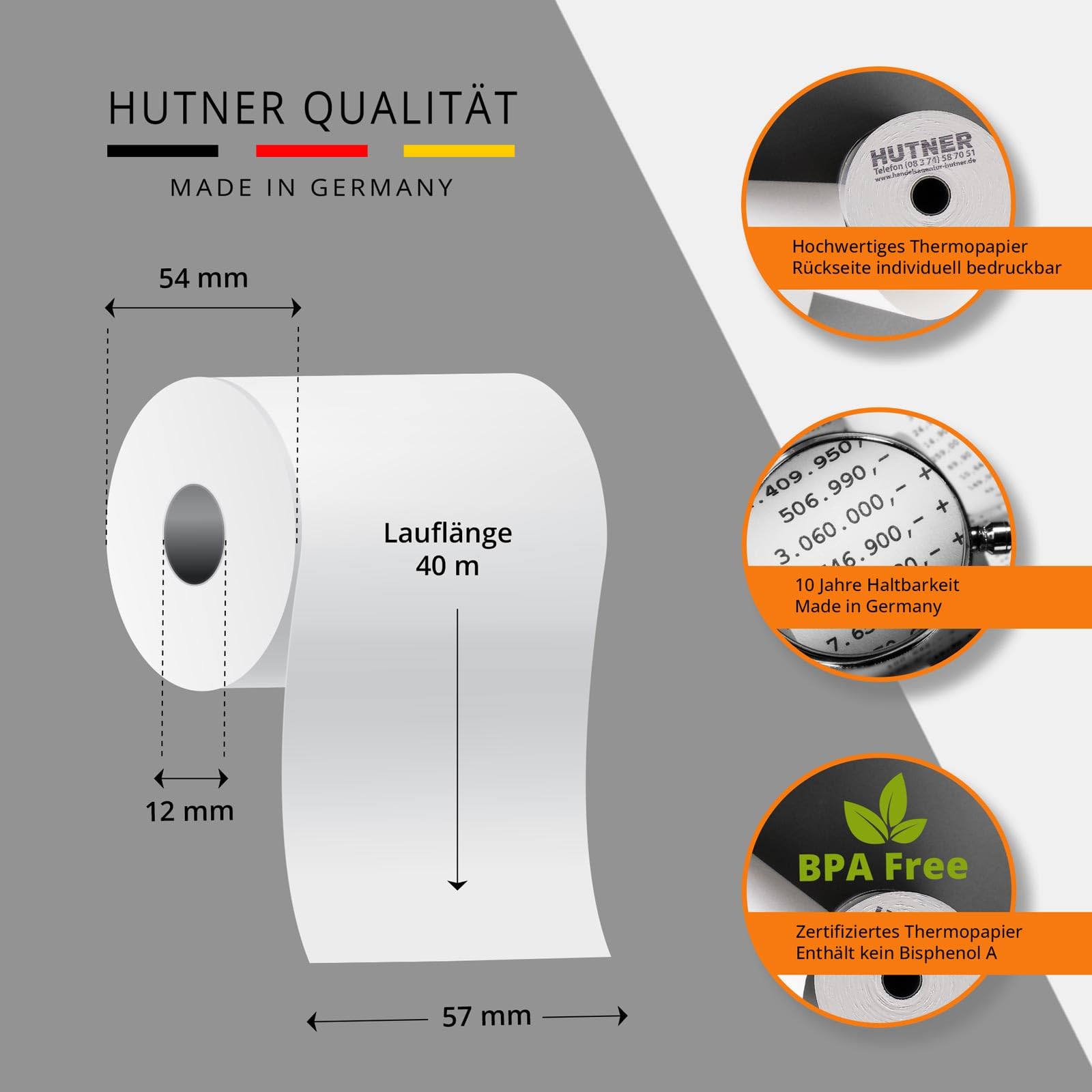 100 Stk. Thermorollen | 57x40x12 mm Ø54mm | Länge: 40 m | BPA frei | für EC Cash Geräte Rollen | Thermopapier made in Germany | HUTNER