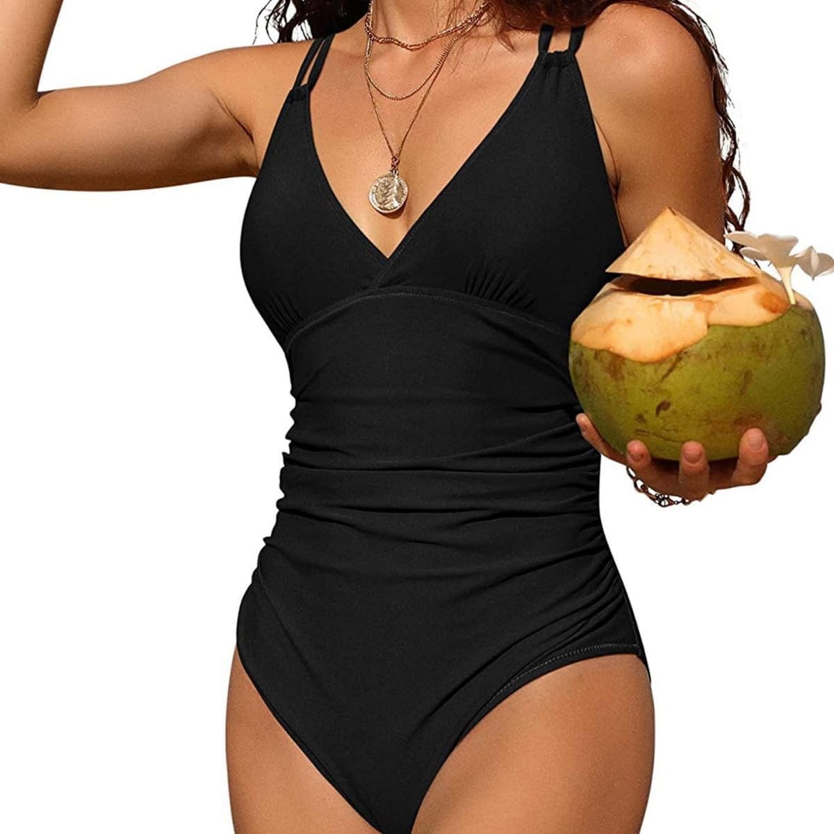 Women ‘s Tummy Control One Piece Swimsuits Ruched Bathing Suits Strappy V Neck Monokini
