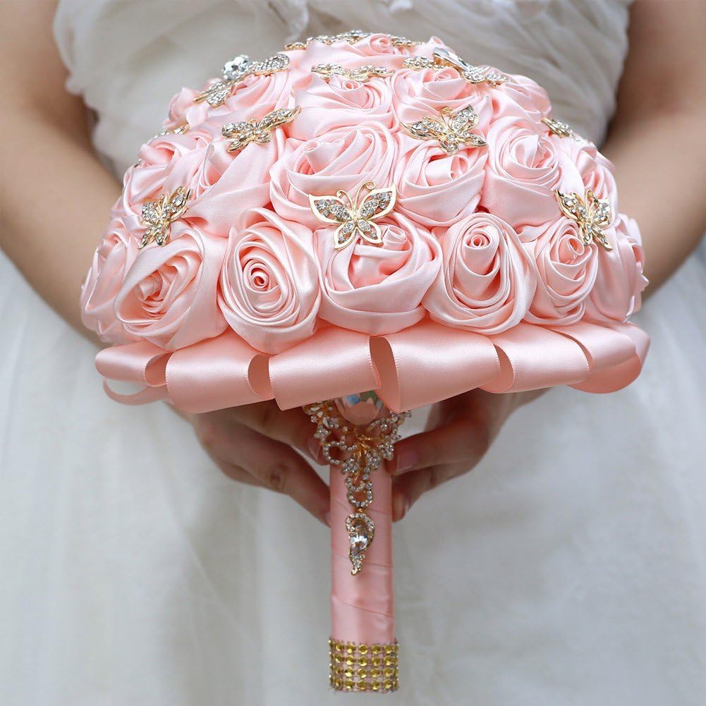 Hrippy Bouquet Sposa con Rose Artificiali in Raso E, Realizzate a Mano, Mazzolino Floreale per Matrimoni, Compleanni E Cerimonie.
