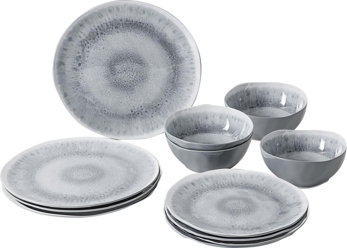 BRUNNER 0830148N.C5X talerze płaskie, miski, spodki z melaminy Stonetouch Nietłukące, Midday Pearl, zestaw X4 osób, 12 sztuk