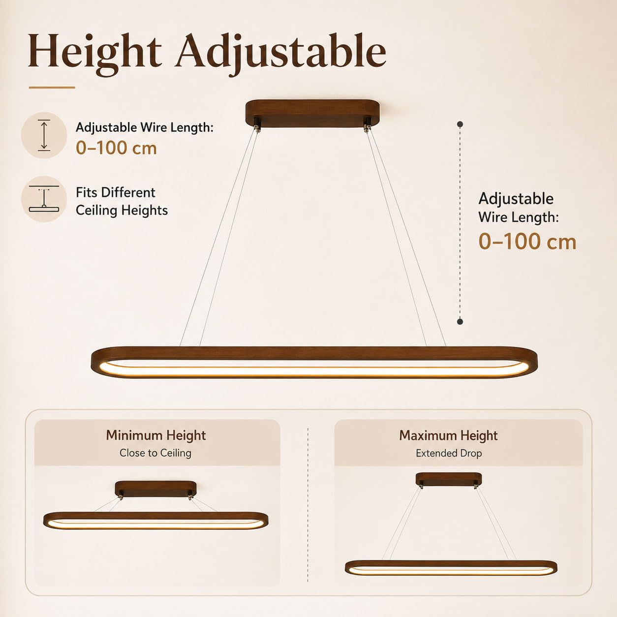 Lampada a Sospensione LED in Legno e Acrilico, Lampada Moderna Dimmerabile con Telecomando, 3000–6000 K, Altezza Regolabile Fino a 100 cm, per Cucina, Tavolo da Pranzo e Soggiorno,B,90cm